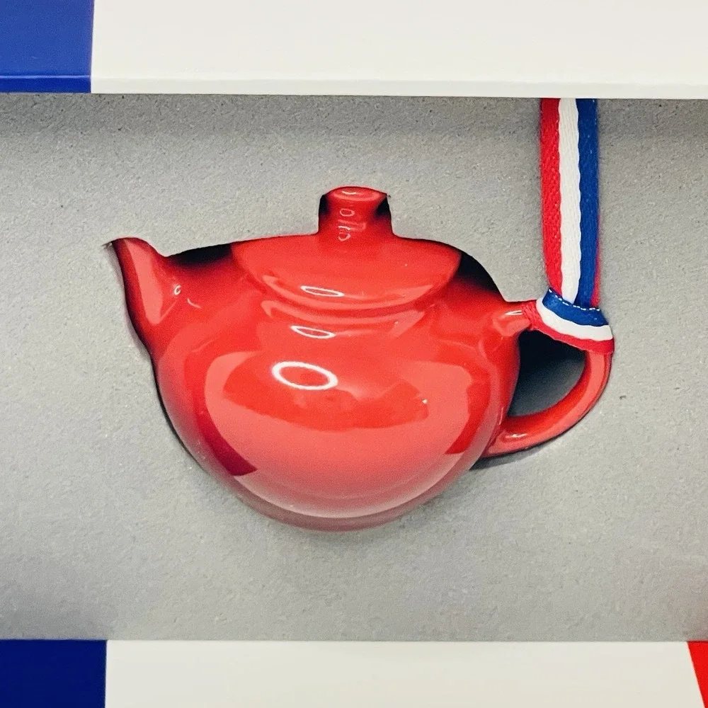 Le Creuset Cerise Red Miniature Set of 3 Ornaments‎ Mug Teapot Dutch Oven NEW
